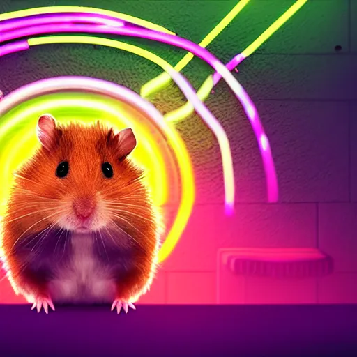 Prompt: hamster in a rainbow cyberpunk city with bright neon lights, 8 k, hd, light reflection