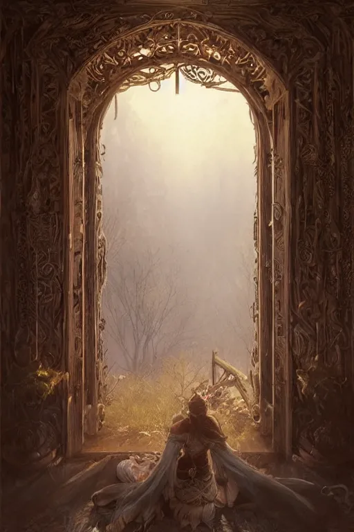 Image similar to large rustic intricately decorated wooden double door, metal handles, a view to a fantasy world, ethereal back light, mist, coherent composition, fantasy painting by artgerm, greg rutkowski, noriyoshi ohrai, yuumei