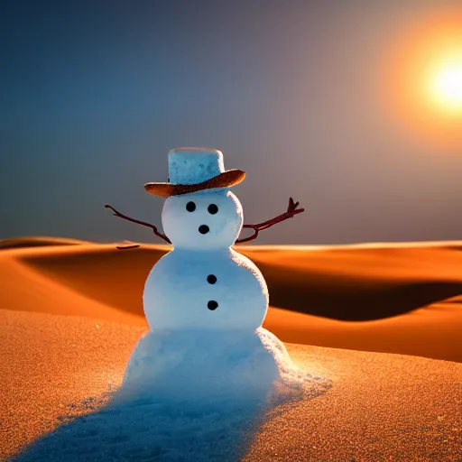 Prompt: a snowman is lost in the desert at sunset, beautiful photography, 8k, ambient light