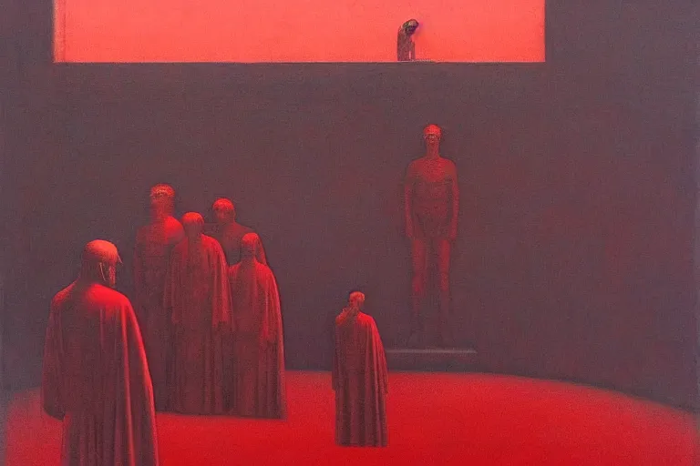 Image similar to only with red, a red melted emperor in an authoritarian position, taormina amphitheatre, crowd hails him, in the style of beksinski, parts by edward hopper, parts by rodcenko, parts by yue minjun, intricate and epic composition, red by caravaggio, insanely quality, highly detailed, masterpiece, red light, artstation, 4 k