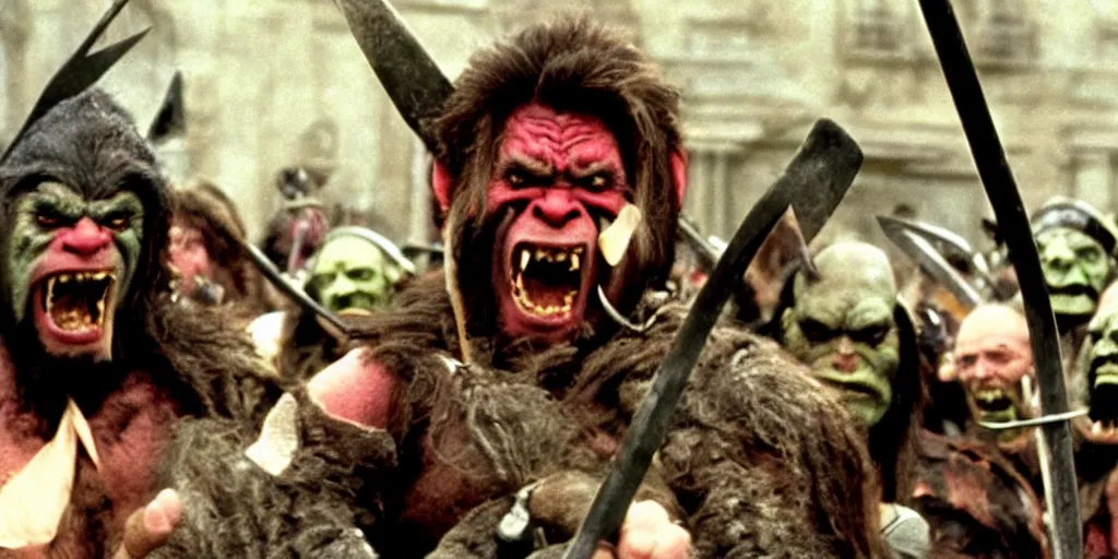 Prompt: A full color still from a Stanley Kubrick film featuring an actor dressed as angry Orcs, waving swords, closeup, 35mm, 1970