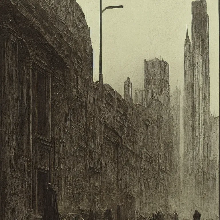 Prompt: some people waiting in a lone bus stop in qiet dark city, by H.R. Giger and Zdizslaw Beksinski