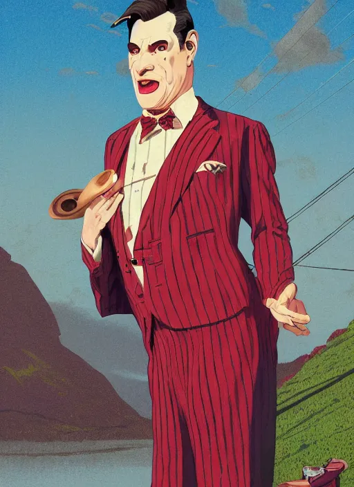 Prompt: artwork by Michael Whelan, Bob Larkin and Tomer Hanuka, of a solo individual portrait of man wearing a barbershop quartet costume, wearing a 1920s red striped outfit, dapper, from scene from Twin Peaks, simple illustration, domestic, nostalgic, full of details, by Makoto Shinkai and thomas kinkade, Matte painting, trending on artstation and unreal engine