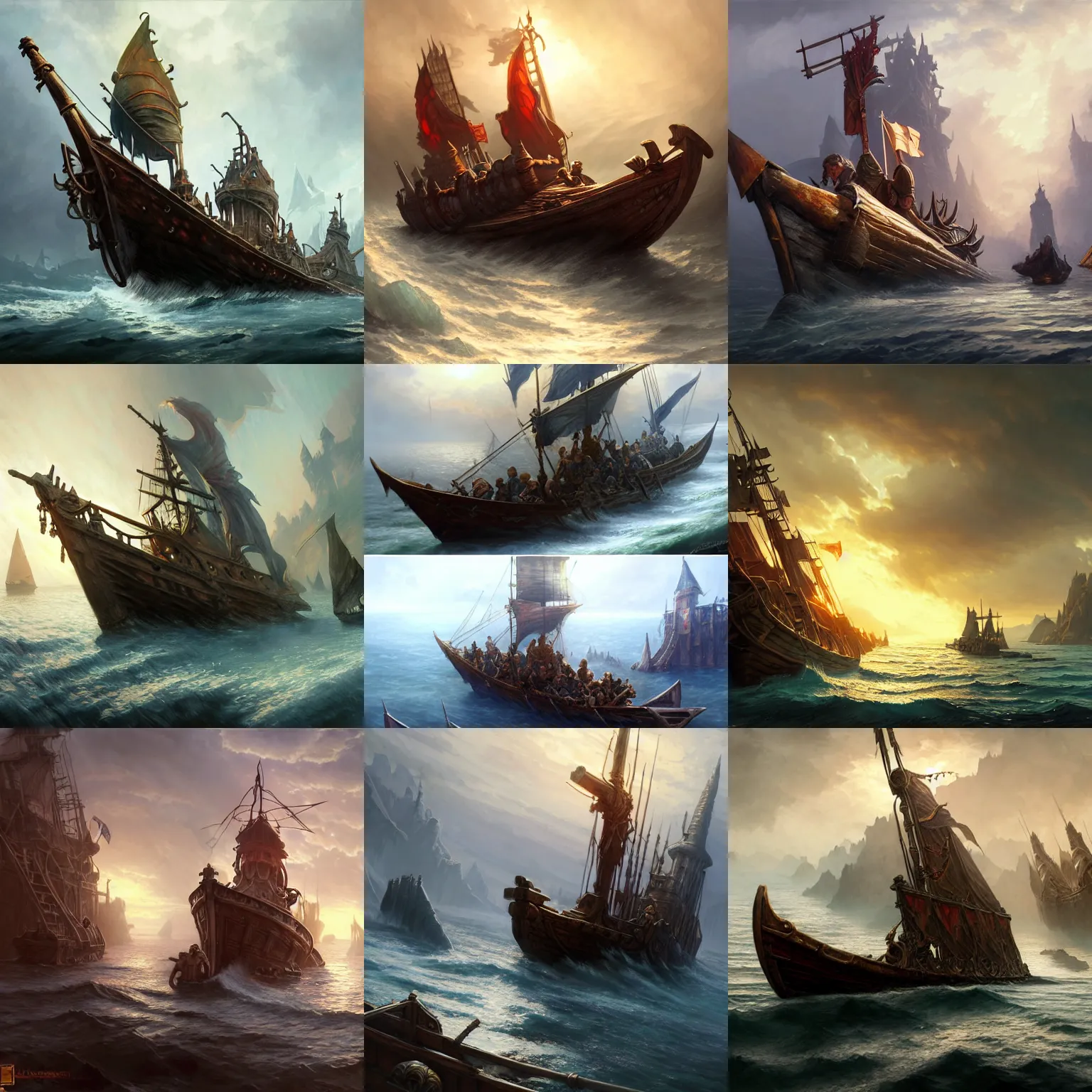 Prompt: D&D medieval fantasy boat ship, Uncharted concept art, naval background, wide angle shot, highly detailed, digital painting, artstation, concept art, smooth, sharp focus, illustration, stunning, award-winning 4k art by artgerm and greg rutkowski and alphonse mucha