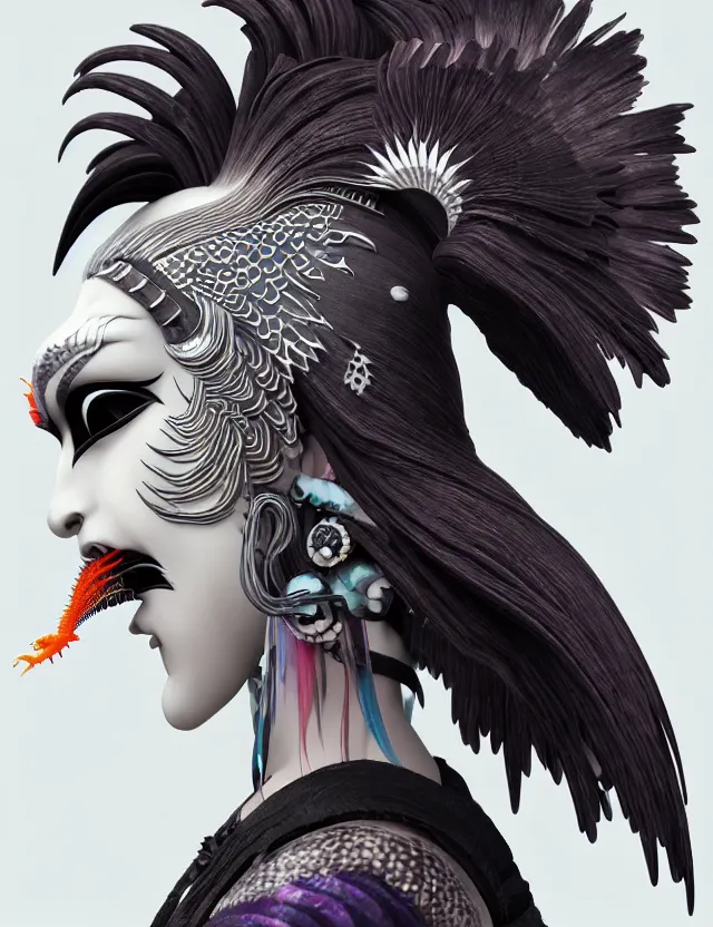 Image similar to 3 d goddess close - up profile simple portrait punk with mohawk with ram skull. beautiful intricately detailed japanese crow kitsune mask and clasical japanese kimono. betta fish, jellyfish phoenix, bio luminescent, plasma, ice, water, wind, creature, artwork by tooth wu and wlop and beeple and greg rutkowski