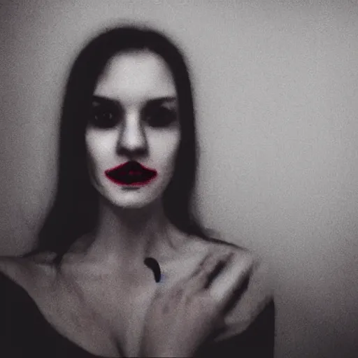 Image similar to a selfie of a woman in a dark room, with a spooky filter applied, in a halloween style.