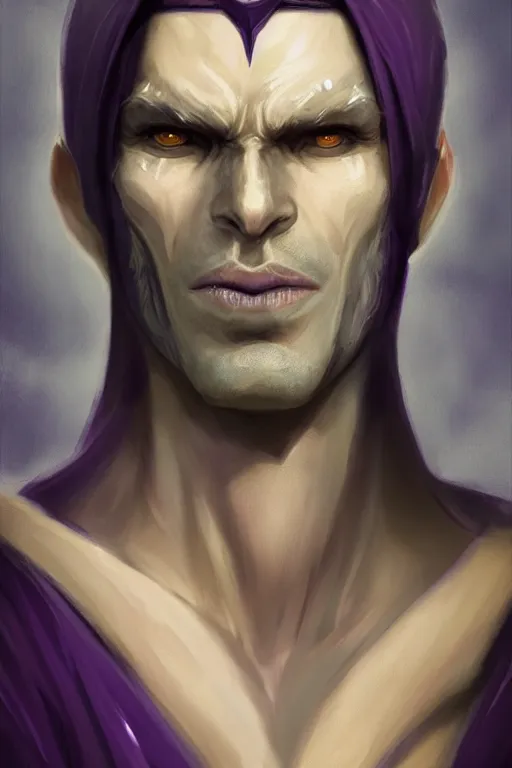 Image similar to male djinn man demon hybrid, portrait, concept art, purple cloak, single face, illustration, costume design, white spiral horns, editorial photo, fashion, hyperrealism, realism, trending on artstation, Charlie Bowater, WLOP