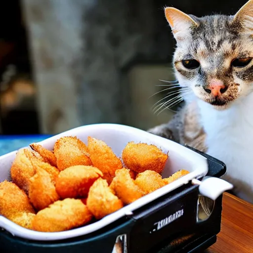 Prompt: cat in a deep fryer, relaxing and enjoying