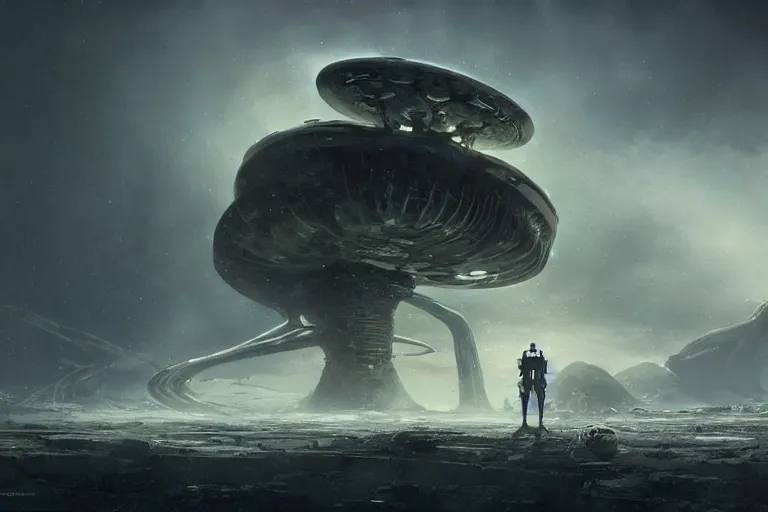 Prompt: spaceship lands on the face of a foreign alien planet, foreboding, dangerous, dark, scary, brooding amazing concept painting by Jessica Rossier and HR Giger