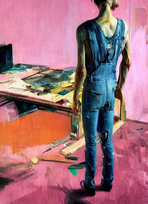 Image similar to an insane, skinny, artist wearing torn overalls, expressive emotions, painting inside a grand messy studio, depth of field, hauntingly surreal, highly detailed oil painting, by francis bacon, edward hopper, adrian ghenie, glenn brown, soft light 4 k in pink, green and blue colour palette, cinematic composition, cinematic lighting, high quality octane render, masterpiece