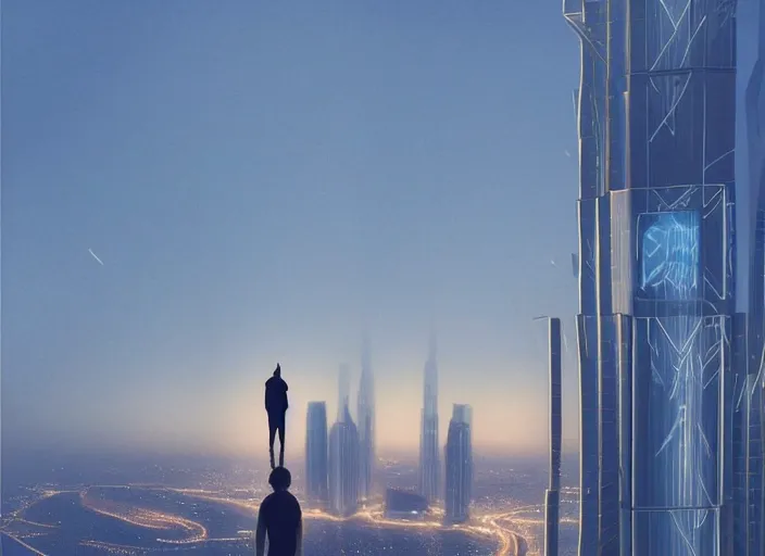 Image similar to closeup of a man [ standing on the pinnacle of the burj khalifa ]!!, holding a camera, viewing out into a [ futuristic cityscape ]!!, dusk atmosphere, digital art illustrated by max hay and greg rutkowski, [ 8 0 s neon art style ]!!, neon wallpaper!!, golden ratio!!, centered!!