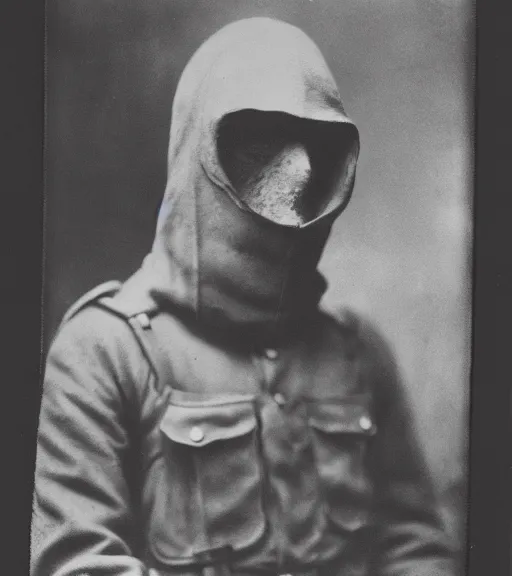 Image similar to full body portrait of a man at distance wearing hooded beaked mask covering his entire face, ww1 film photo, grainy, high detail, high resolution