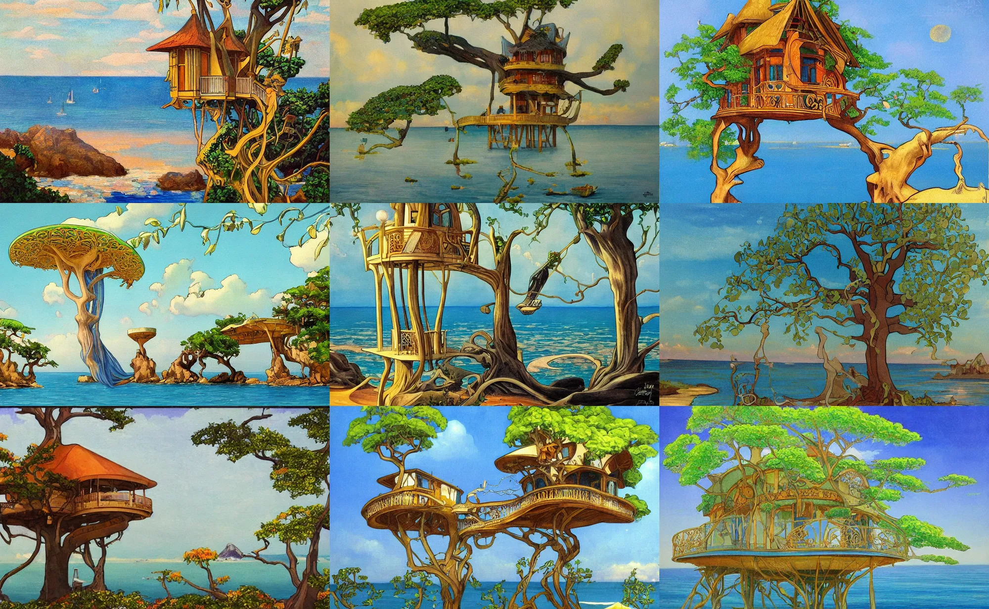 Prompt: art nouveau painting of a mystical island treehouse on the ocean