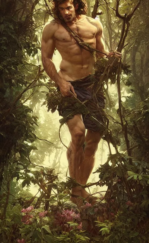 Image similar to god of the forest, 3 0 years old, rugged, handsome, male, detailed face, clean lines, atmospheric lighting, amazing, full body, thighs, flowers, muscular, intricate, highly detailed, digital painting, deviantart, concept art, sharp focus, illustration, art by greg rutkowski and alphonse mucha