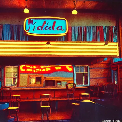 Image similar to kodachrome color photograph of a medieval tavern that is also a 1 9 5 0 s drive - in diner with neon signs, fantasy, medieval, americana, european architecture