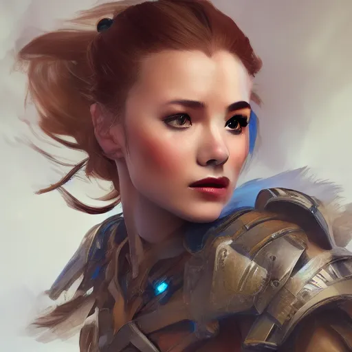 Image similar to Aloy from Horizon: Zero Dawn, half body portrait, videogame cover art, highly detailed, digital painting, artstation, concept art, smooth, detailed armor, sharp focus, beautiful face, illustration, art by Artgerm and greg rutkowski and alphonse mucha