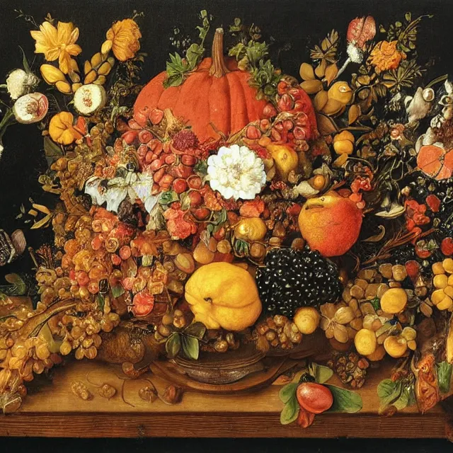 Image similar to thanksgiving supper, flowers and fruit on a wooden table, black background!, still life by giuseppe arcimboldo, vanitas!!, pinterest, maximalist, intricate high detail masterpiece