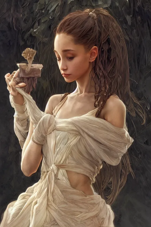 Image similar to malnourished cottagecore anorexic Ariana Grande , unhealthy skinny, sad and unhealthy, intricate, elegant, highly detailed, digital painting, artstation, concept art, smooth, sharp, focus, illustration, art by artgerm and greg rutkowski and alphonse mucha