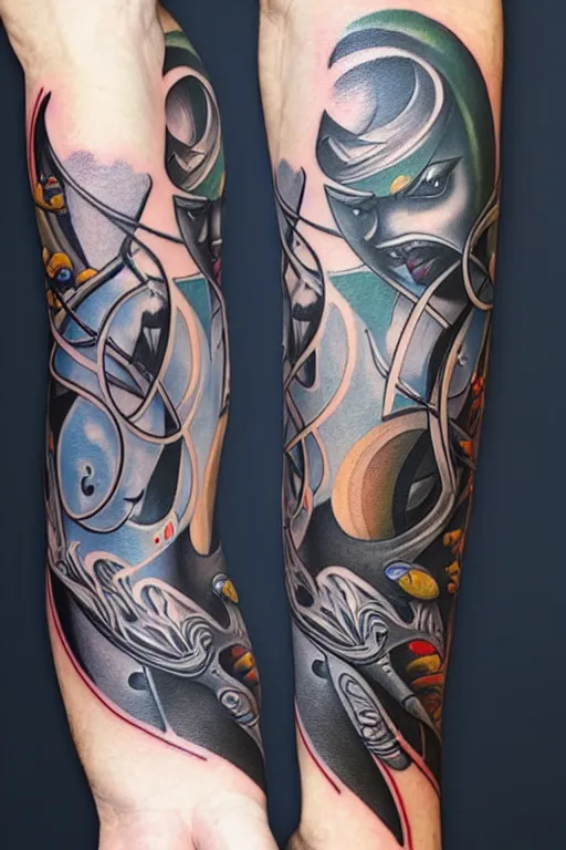 Image similar to tattoo arm sleeves by mc escher and peter mohrbacher