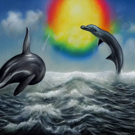 Image similar to a hyper realistic painting of the grim reaper riding a dolphin over a rainbow, by santiago caruso, highly detailed, vivid color,