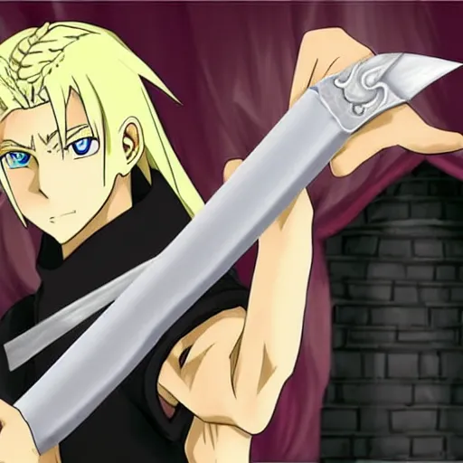 Image similar to young blonde boy fantasy thief with daggers in a tavern, full metal alchemist, anime style