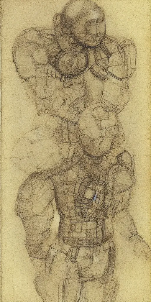 Image similar to humanoid machine sketch by Leonardo da Vinci, sketchbook, highly detailed, scientific illustration