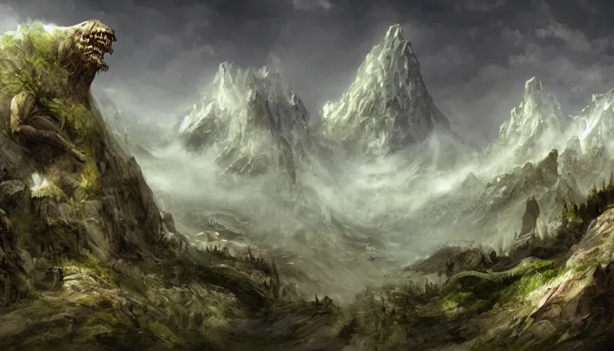 Prompt: a fantasy mountainous landscape with collosal monsters exploring the landscape