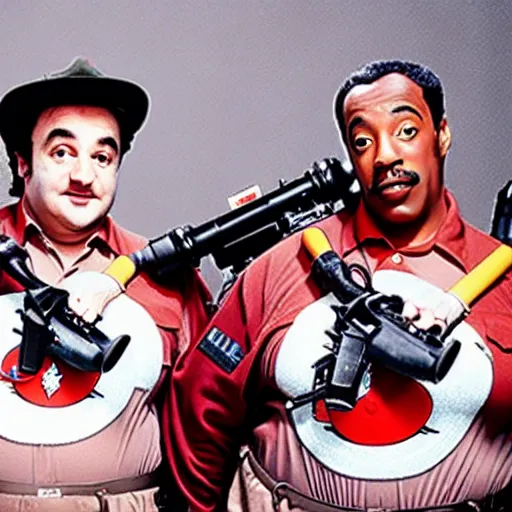 Prompt: photoshoot of john belushi and eddie murphy as ghostbusters, in the style of annie leibovitz - h 6 4 0