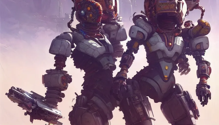 Image similar to two warrior robot astronauts, floral! looks like a machine from horizon zero dawn designed by apple, posing for a fight, intricate, elegant, highly detailed, digital painting, establishing shot, an epic fantasy, artstation, concept art, smooth, sharp focus, illustration, art by artgerm and greg rutkowski and alphonse mucha, 8 k