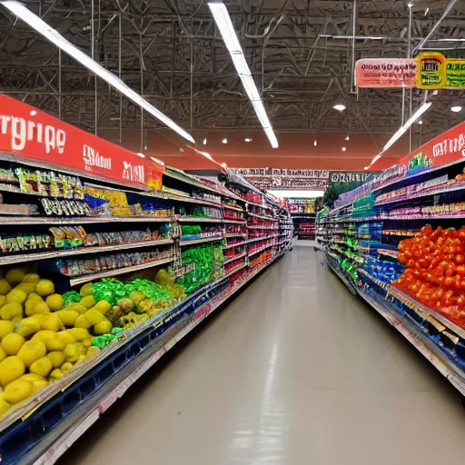 Image similar to Walmart Grocery Store Inside, Cam view, star wars ground battle in the store, using tomatoes, banana as weapons, 40nm lens, shallow depth of field, split lighting, 4k,