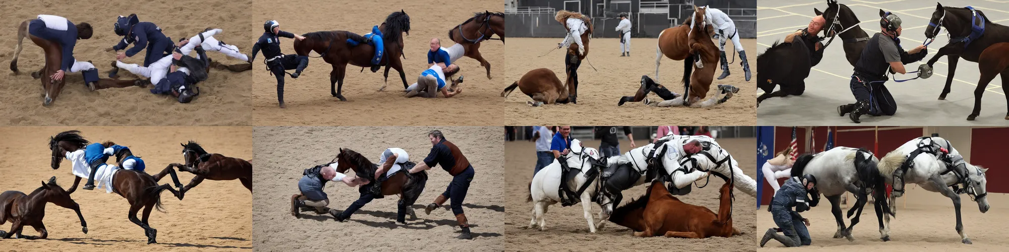 Prompt: horse wrestles astronaut on all fours on hands and knees in grappling in closed guard