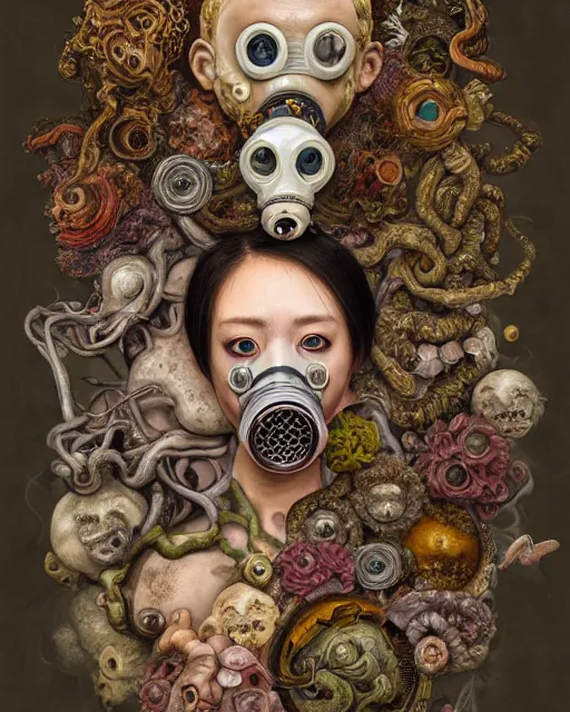 Prompt: a biomorphic portrait with with large eyes, expressive, wearing a botanical gas mask, baroque painting by ayami kojima, mark ryden, arcimboldo, cephalopod human chimera, mixed media 3 d collage, focus on head, soft light, 4 k, octane high quality render