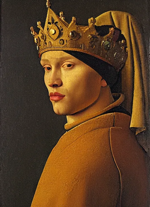 Image similar to portrait of a young man who is a king with a crown, medieval painting by Jan van Eyck, Johannes Vermeer, Florence