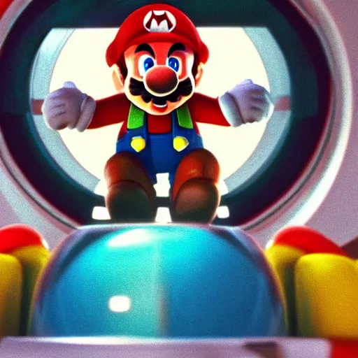 Image similar to Still of Super Mario in the movie 2001 A Space Odyssey, inside the spaceship, cinematic lighting, 4k