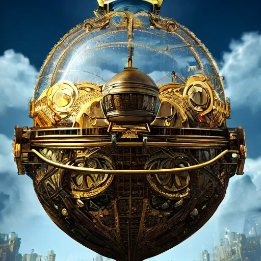 Image similar to enormous flying city in a faberge egg encircled by giant metallic petals, cloudy sky background, steampunk, fantasy art, masterpiece, unreal engine