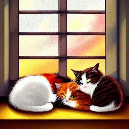 Image similar to two cute multi - colored calico cats sleeping inside a cozy home in the evening, stars shining in the night sky through the window,, artstation, cgsociety, storybook art