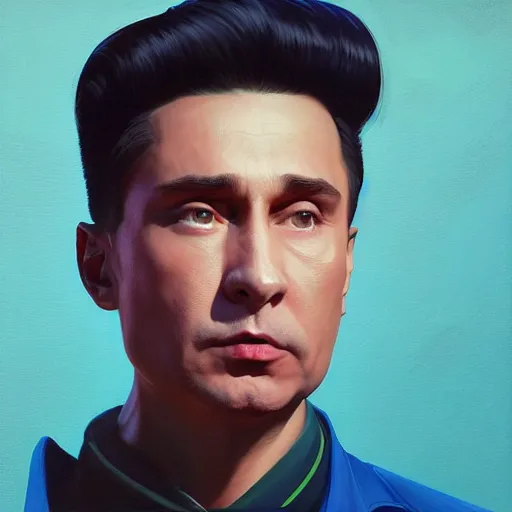 Image similar to Portrait painting Vladmir putin wearing a jacket and a collar, as an Overwatch character, medium shot, asymmetrical, profile picture, Organic Painting, sunny day, Matte Painting, bold shapes, hard edges, street art, trending on artstation, by Huang Guangjian and Gil Elvgren and Sachin Teng