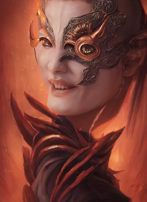 Prompt: a beautiful detailed oil on copper art illustration of a japanese basara mask devil woman, centered, by charlie bowater, zeng fanzh, trending on artstation, dim dusk lighting, cinematic lighting, detailed lighting, volumetric lighting, realistic, f 8, 4 k hd wallpaper