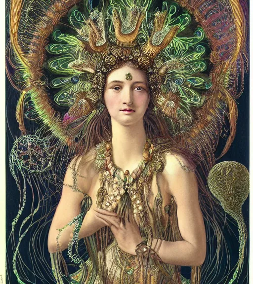 Image similar to portrait of a beatiful young goddess with intricate jellyfish headdress, dark background, intricate hyper detailed art by ernst haeckel,