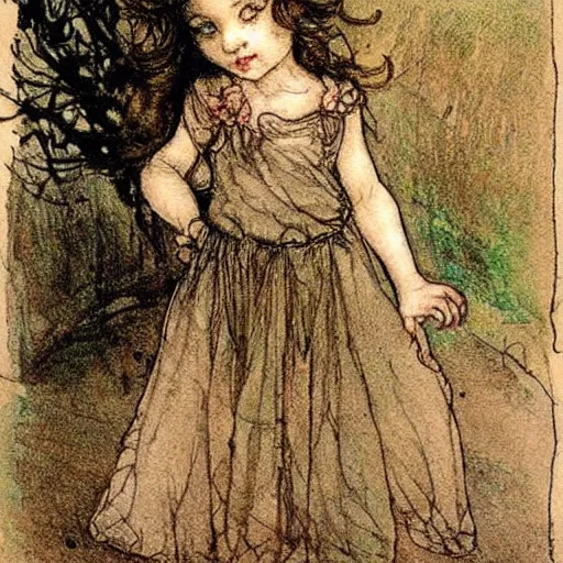 Prompt: a cute little girl fairy with a mischievous face and short brown wavy curly hair. well composed, clean elegant painting, beautiful detailed face. art by arthur rackham