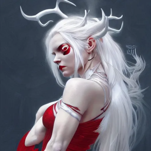 Image similar to ultra realistic illustration, dream humanoid demon girl with white hair, red horns, in white clothes, red eyes, intricate, elegant, highly detailed, digital painting, artstation, concept art, smooth, sharp focus, illustration, art by artgerm and greg rutkowski and alphonse mucha