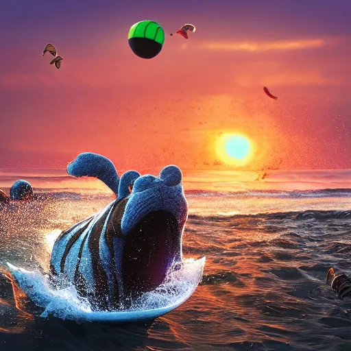 Image similar to a closeup photorealistic photograph of a cute smiling knitted tiger hippopotamus chasing colorful beachballs during sunset. teeth exposed, surf in the background. professional capture. this 4 k hd image is trending on artstation, featured on behance, well - rendered, extra crisp, features intricate detail, epic composition and the style of unreal engine.