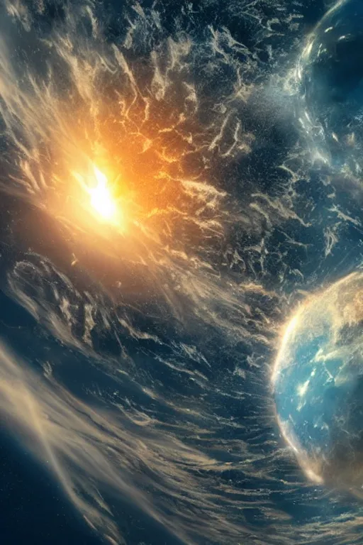 Image similar to An epic cinematic film still of the Earth exploding.
