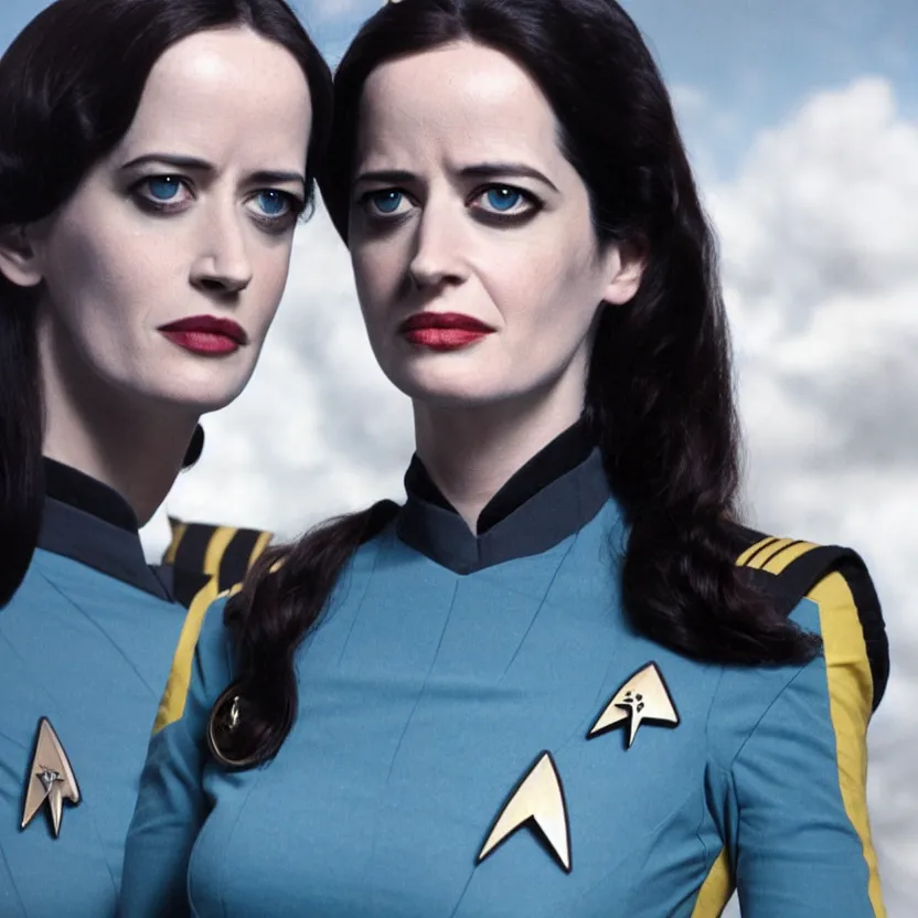 Image similar to a full body photograph of 3 0 year old eva green as a star fleet officer from star trek next generation, ultra rendered, extreme realism and detail, 8 k, highly detailed, realistic, completely framed, hyper realistic, colorful, direct lighting, 3 5 mm photo, photorealistic, sharp focus