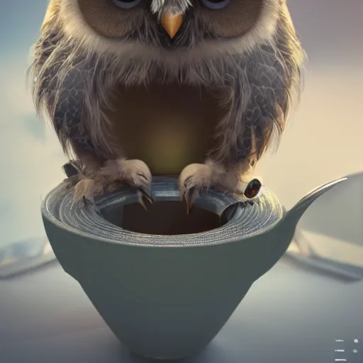 Image similar to long shot of a very cute owl chick nesting in a very futuristic cup, humorous illustration, hyperrealistic, big depth of field, warm colors, night scenery, low light, 3 d octane render, 4 k, conceptart, hyperdetailed, hyperrealistic, trending on artstation