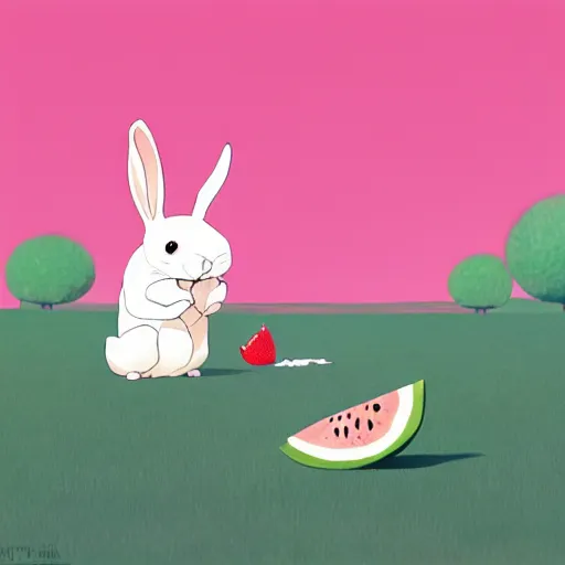 Image similar to a cute rabbit eating watermelon on the green meadow, a storybook illustration by goro fujita and atey ghailan