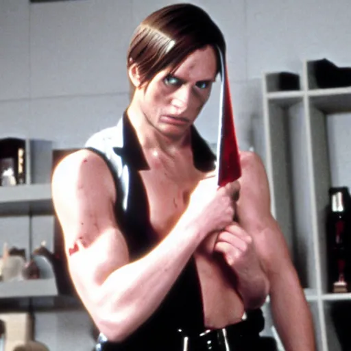 Image similar to Leon Kennedy from Resident Evil as The American Psycho, sweating intensely, cinematic still