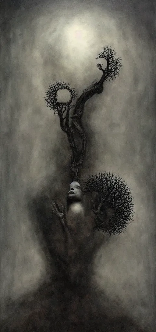 Image similar to black dramatic portrait painting of human with black mandelbrot fractal instead of face, in style of zdzisław beksinski, darkness, horror, body horror, scary,