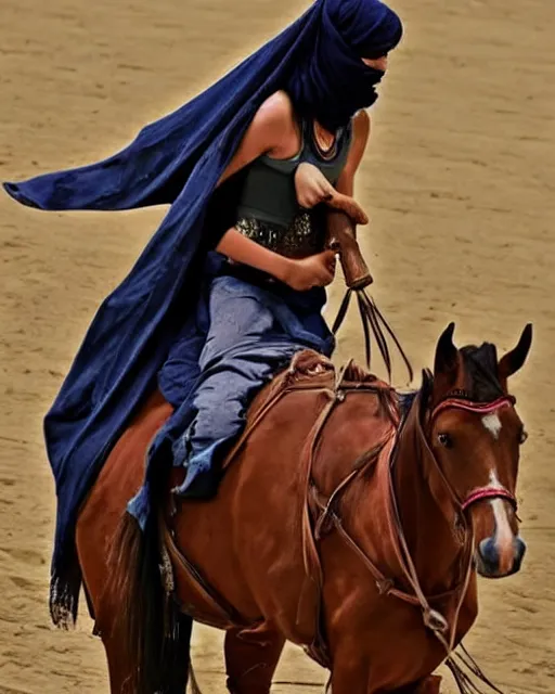 Image similar to burqa's woman, ride horse, taliban, riffle, beautiful, dynamic pose, pinterest