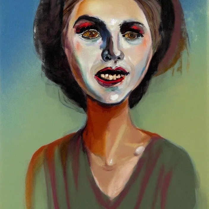 Image similar to nice quality and nice everything painting of a nice portrait of a yé-yé chanteuse with nice facial features, thick eyebrows, dark shadows under eyes, bright eyes, sweater and shorts, at the psych ward laughing at the viewer, stylistically like old French youth horror movies from the 1960s, softly shadowed, enjoyable, with quality provio, student art project 1986.